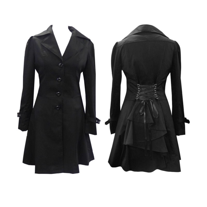 Women Steampunk Victorian Corset Riding Jacket Black Long Collared Ruffle Jacket Coat